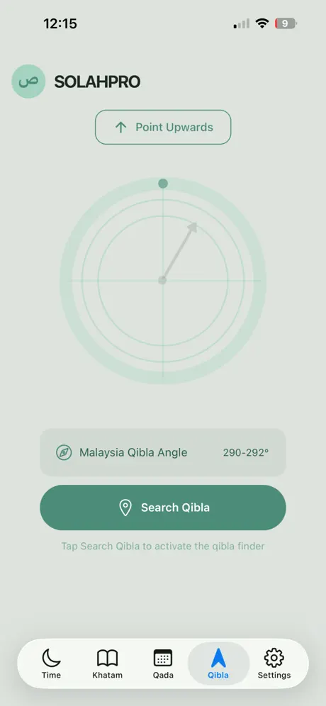 Qibla compass pointing toward the Kaaba