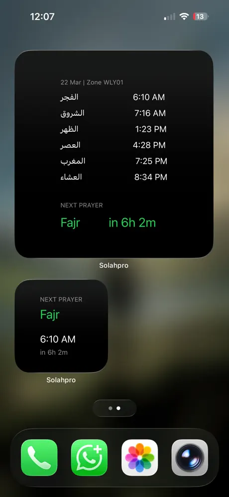 Home Screen widgets showing the full day of prayer times