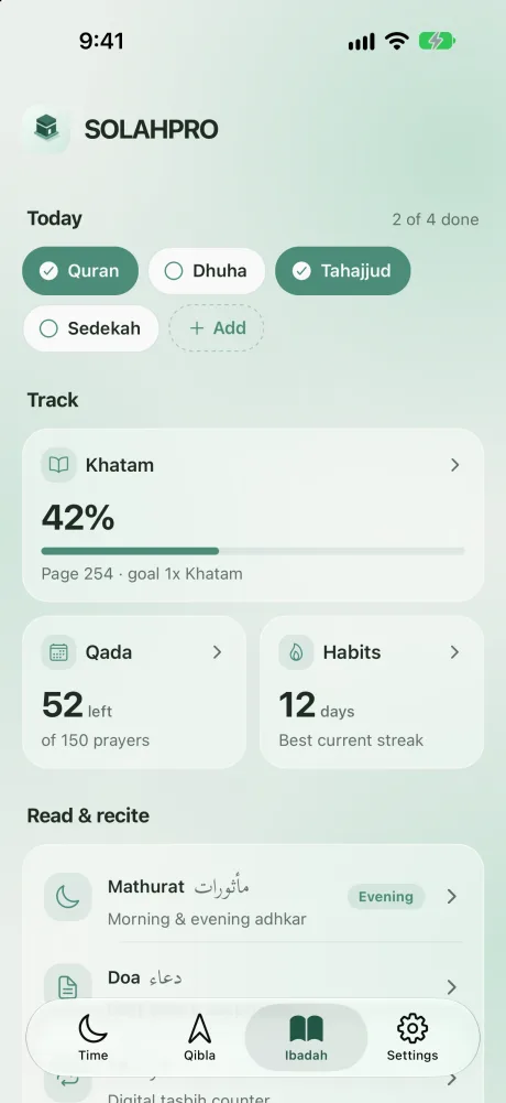 Ibadah tab with today's habits, Khatam progress, Qada and streaks