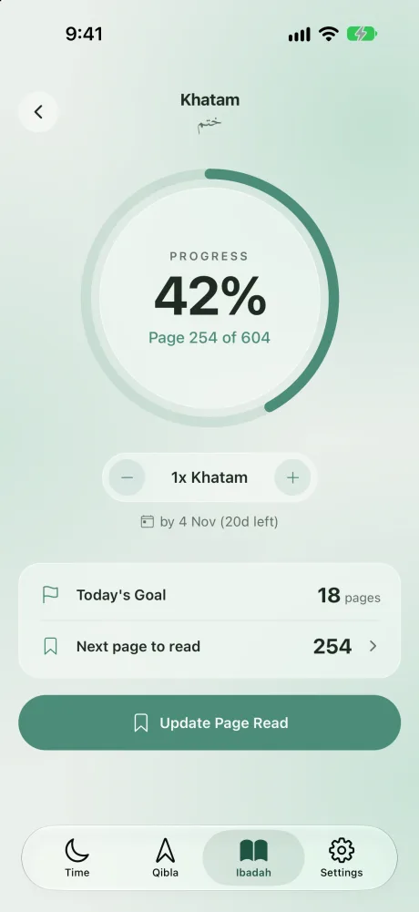 Khatam tracker with a progress ring and today's page goal