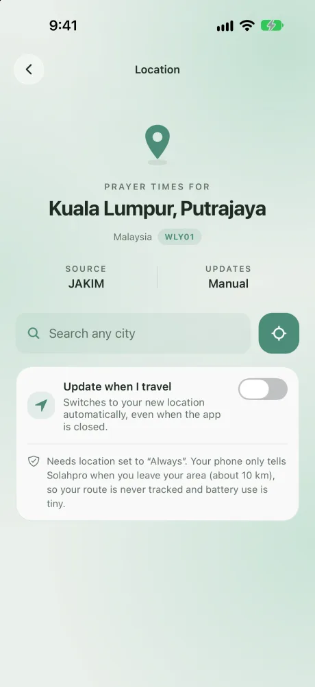Location screen with JAKIM zone, search and automatic updates when travelling