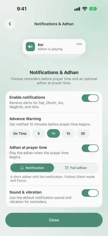 Notification and adhan settings