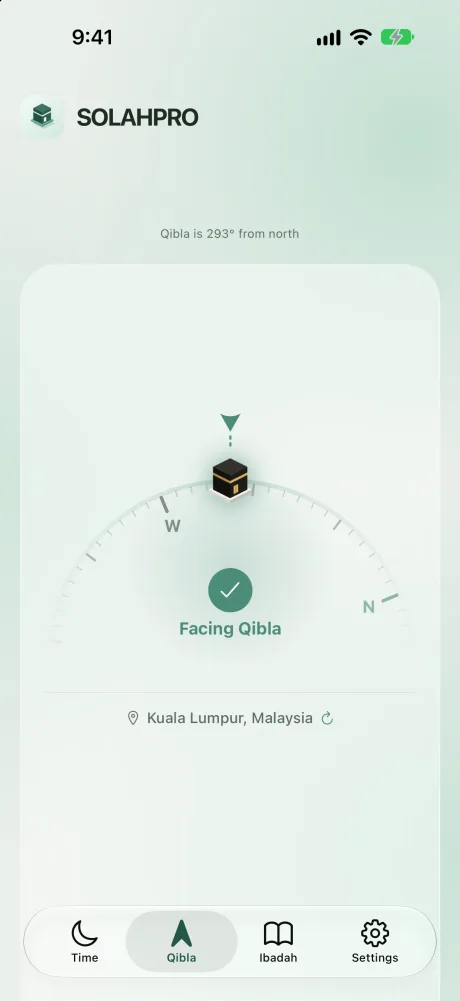Qibla compass lit up green once you face the Kaaba