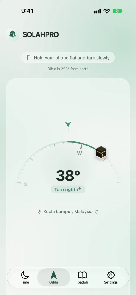 Qibla compass telling you to turn 38 degrees right