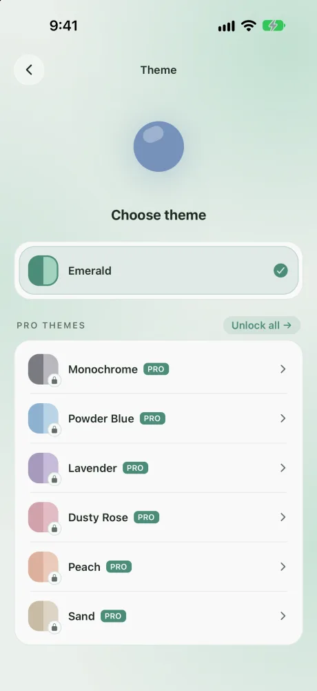 Theme picker with the free Emerald theme and supporter themes